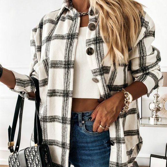 New Plaid Stripe Oversized Flannel Shirt Shacket - Picture 4 of 8